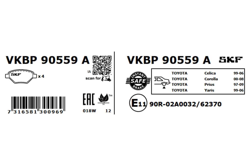 Jeu de 4 plaquettes de frein SKF ref. VKBP 90559 A